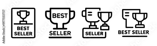 Best seller icon set with trophy symbols, black line art marketing badges for e-commerce, 4 vector elements for product ranking and sales awards