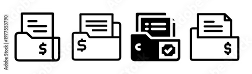 Financial folder icon set, 4 black line vector icons for business accounting, invoice and tax document organization, money file management symbols