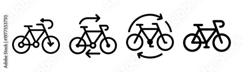 Minimalist bicycle icon set with rotation arrows, black line art bike symbols for rental and sharing services, 4 vector elements for cycling apps