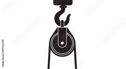 Industrial pulley, mechanical wheel, lifting hook, black silhouette icon