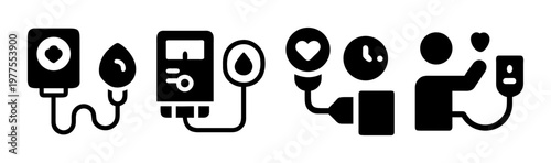Medical blood pressure monitor icons, digital sphygmomanometer vector set, hypertension and heart rate measurement symbols for healthcare apps