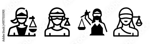 Lady Justice line icon set, blindfolded woman holding scales of justice vector, legal system and court symbols, 4 black outline law icons