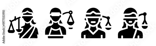 Lady Justice icon set, blindfolded woman holding scales of justice vector, legal system and law firm symbols, 4 black silhouette elements