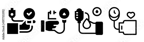 Blood pressure monitoring icons set, medical hypertension testing symbols, digital sphygmomanometer and heart health vector elements for healthcare apps