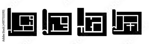 Architectural floor plan icons set, minimalist house blueprint vector symbols, black and white construction layout graphics for real estate