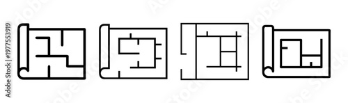 Architectural blueprint line icons, house floor plan vector set, construction project paper rolls, minimalist building layout diagrams