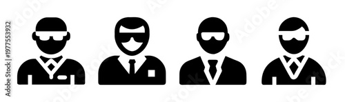 Security guard icon set, black silhouette professional bodyguard avatars, secret service agent vector symbols, private protection staff icons