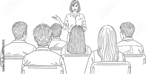 Speaker presenting to audience in seminar session representing public speaking training knowledge sharing and professional communication illustration