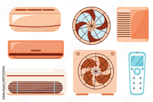 Collection of air conditioning units and remote controls in a flat design style, showcasing various models and components for climate control systems