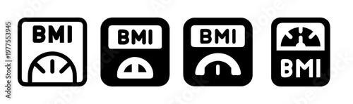 BMI body mass index icon set, health weight scale symbols, medical fitness measurement vector icons, black and white wellness indicators