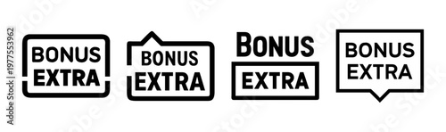 Bonus Extra promotional labels, set of 4 black line vector icons for retail marketing, minimalist sale stickers and offer badges