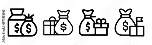 Minimalist money bag icons set, black line vector illustrations of dollar sacks and gift boxes, financial bonus and investment reward symbols