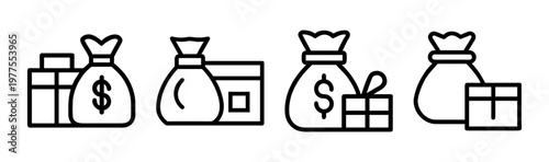 Minimalist money bag and gift box icons, black line vector set of 4 financial reward elements, currency sack and present symbols for banking
