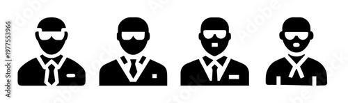 Professional security guard icons set, black silhouette bodyguard avatars with sunglasses, corporate staff and personnel vector symbols