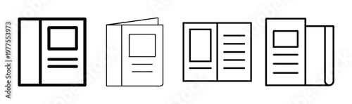 Minimalist brochure line icons set, 4 professional booklet and magazine vector symbols, clean catalog and document outline illustrations for business