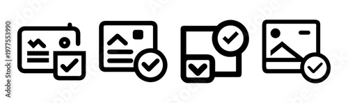 Minimalist image verification icons, black line art photo validation symbols, set of 4 digital asset approval vector elements for web UI design