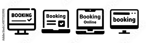Online booking icon set, digital reservation symbols on computer and laptop screens, black vector silhouettes for web scheduling and travel services