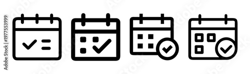 Minimalist calendar icon set with checkmarks, black outline planner symbols for scheduling, set of 4 vector elements for task management