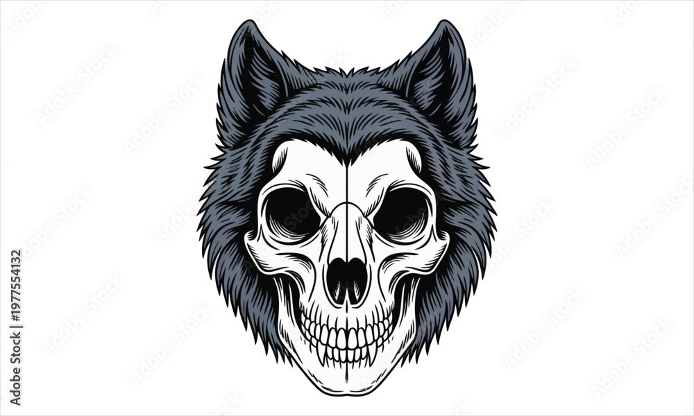 Fototapeta premium A black and white illustration of a wolfs head with a skull face isolated on white background