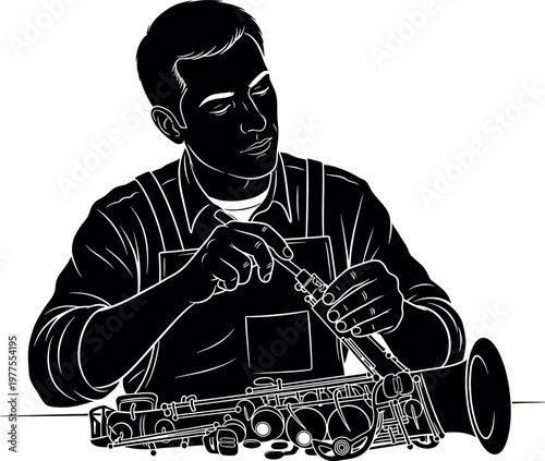 Vintage illustration of a saxophone player in black and white