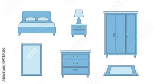 Collection of blue bedroom furniture.