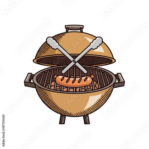 A close-up illustration of a classic charcoal grill with a single sausage cooking on the grate, tongs crossed above.