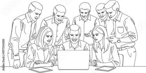 Team of professionals gathered around laptop reviewing content together representing collaboration discussion teamwork and shared business insights illustration