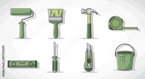 Green household tools and equipment.