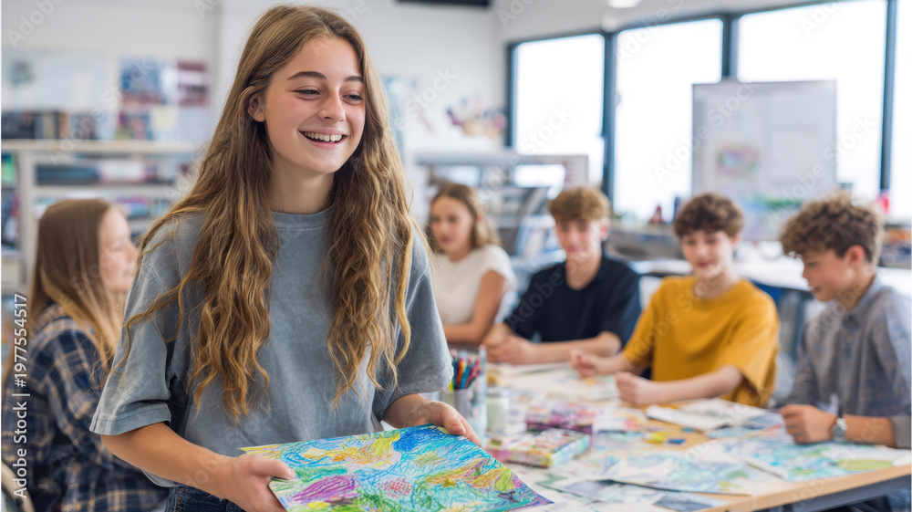 Fototapeta premium Education training class. Knowledge learning improvement study. A young girl holding a vibrant painting in front of a group of children seated around a table. On the table are papers, pens.