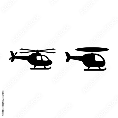 Helicopter silhouette icons, black chopper vector set of 2 elements, aviation transport symbols for logistics and travel