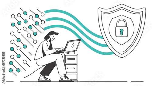 Modern cybersecurity concept with person working on laptop and digital shield protection, line art illustration showing data security and privacy technology