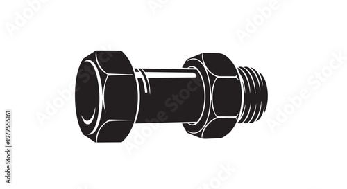 Black bolt, steel bolt, hex nut, industrial hardware, mechanical part, vector icon