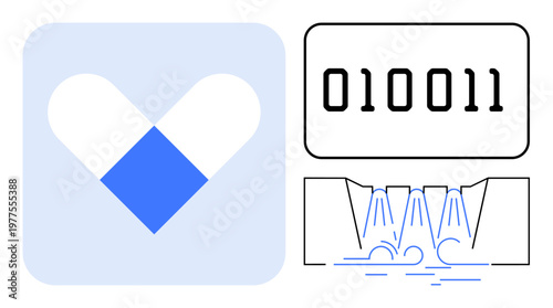 Data exchange, digital coding, environmental systems, health symbols, future tech, abstract art. Heart made of shapes, binary code and water graphic. Data exchange and digital coding concepts