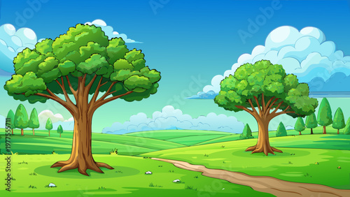 Cartoon landscape, green trees, grassy fields, sunny day, vector scenery