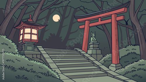 Japanese torii gate, stone lantern, forest pathway, moonlit scenery, vector illustration