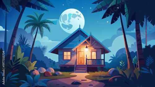 Tropical night scene, cozy house, palm trees, moonlight, vector illustration