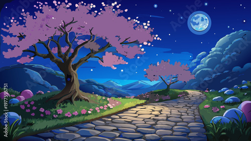 Whimsical moonlit path, dreamy landscape, pink cherry blossoms, stone walkway, fantasy scenery