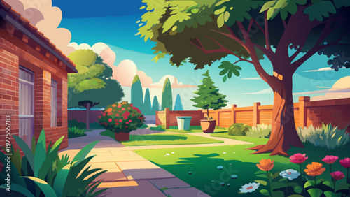 Suburban backyard, residential garden, outdoor living space, green lawn