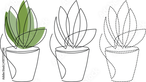 Evolution of a potted plant from realistic to minimalist line drawing styles Vector