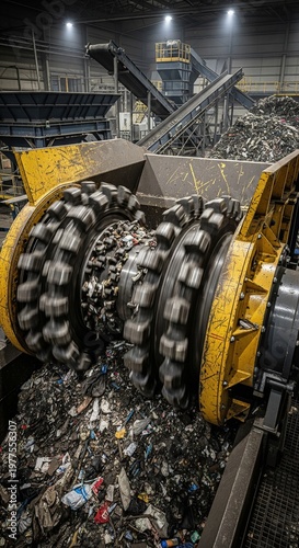 Heavy-duty spiked rollers of a waste processing machine shown in a factory setting with conveyor belts in the background.