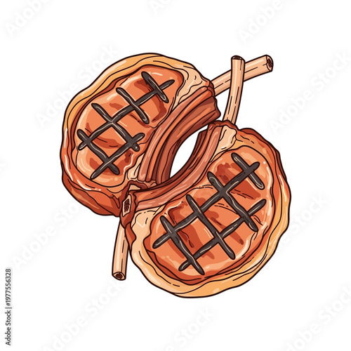 Two delicious grilled lamb chops with visible grill marks, presented on a white background.