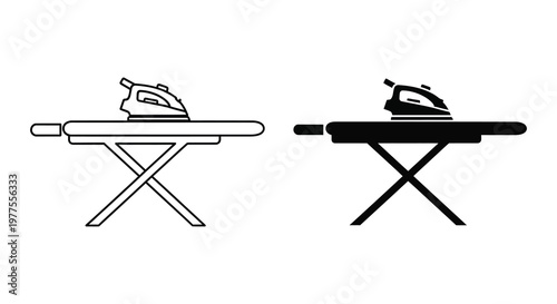 Two ironing boards and irons depicted in a minimalist black and white silhouette