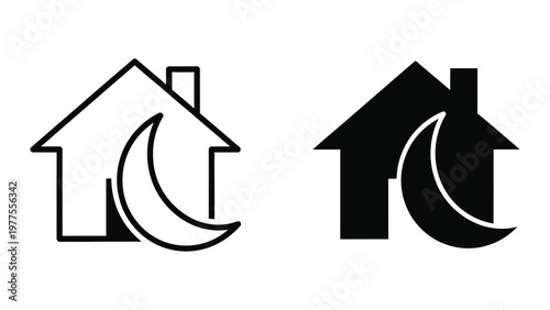 Contrasting house icons with crescent moon symbols in different styles