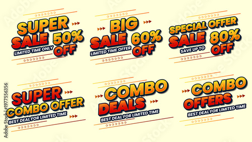 Super sale 50% off special offer sale 80% off super combo offer combo deals combo offers with discount promotion percentage commerce marketing advertising typography colorful background