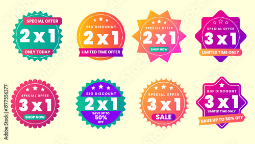 2x1 and 3x1 special offer labels and stickers with super offer three for one retail offer customer offer promotion discount commerce marketing best value advertisement shopping business