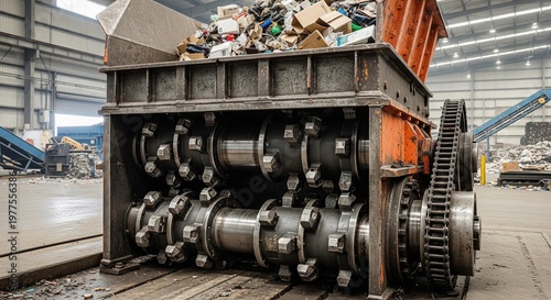 Close-up of a robust dual-shaft shredder with large metal teeth, prepared to process cardboard and mixed solid waste.
