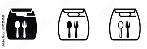 Food delivery bag icon set, vector symbols representing meal packaging, takeaway services, and restaurant delivery, minimal modern design for digital interfaces, menus, and e-commerce food platforms.