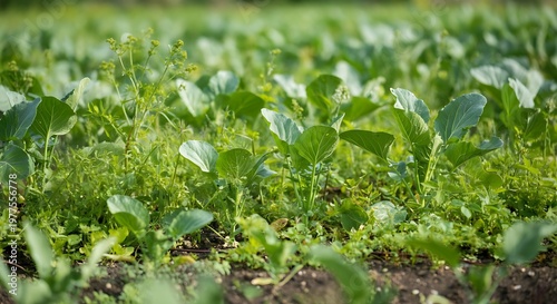 Invasive weeds overrunning a cultivated field of young vegetables, agricultural weed control problem