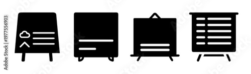 Minimalist presentation board icons, set of 4 black silhouette flipchart vectors, office whiteboard and easel symbols for business data visualization
