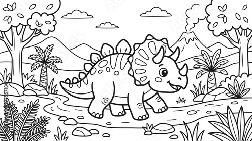 Triceratops Dinosaur Walking on Ground.